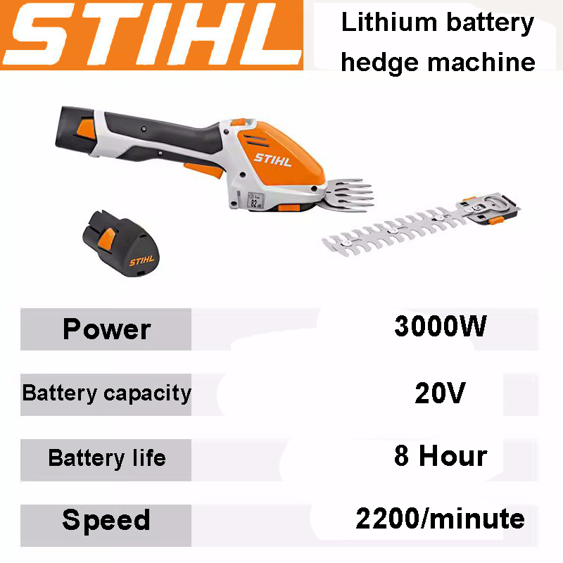 【3000 W】, 20 V lítium akkumulátor*1, 8 óra üzemidő, 2200 RPM/perc, csomagolási tartozékok: sövénynyíró, töltő, 20 V lítium akkumulátor*1, 1 penge, tárolódoboz