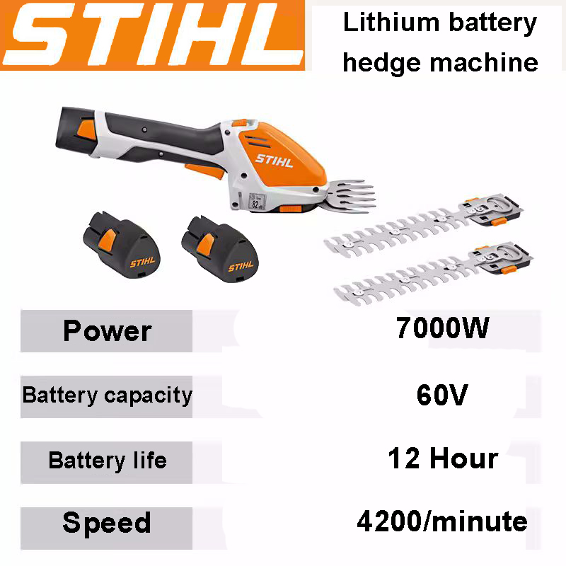 【7000 W】, 60 V lítium akkumulátor*2, 12 órás akkumulátor-élettartam, 4200 RPM/perc, csomagolási tartozékok: sövénynyíró, töltő, 60 V-os lítium akkumulátor*2, 3 penge, tárolódoboz, tárolótáska